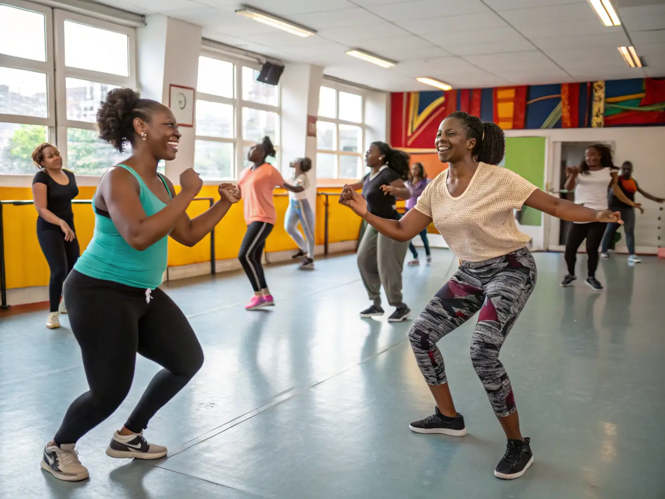 A diverse group of adults engaged in an improvisation workshop, exploring movement and expression, with the instructors providing guidance. The image is used to showcase the adult improvisation workshop.