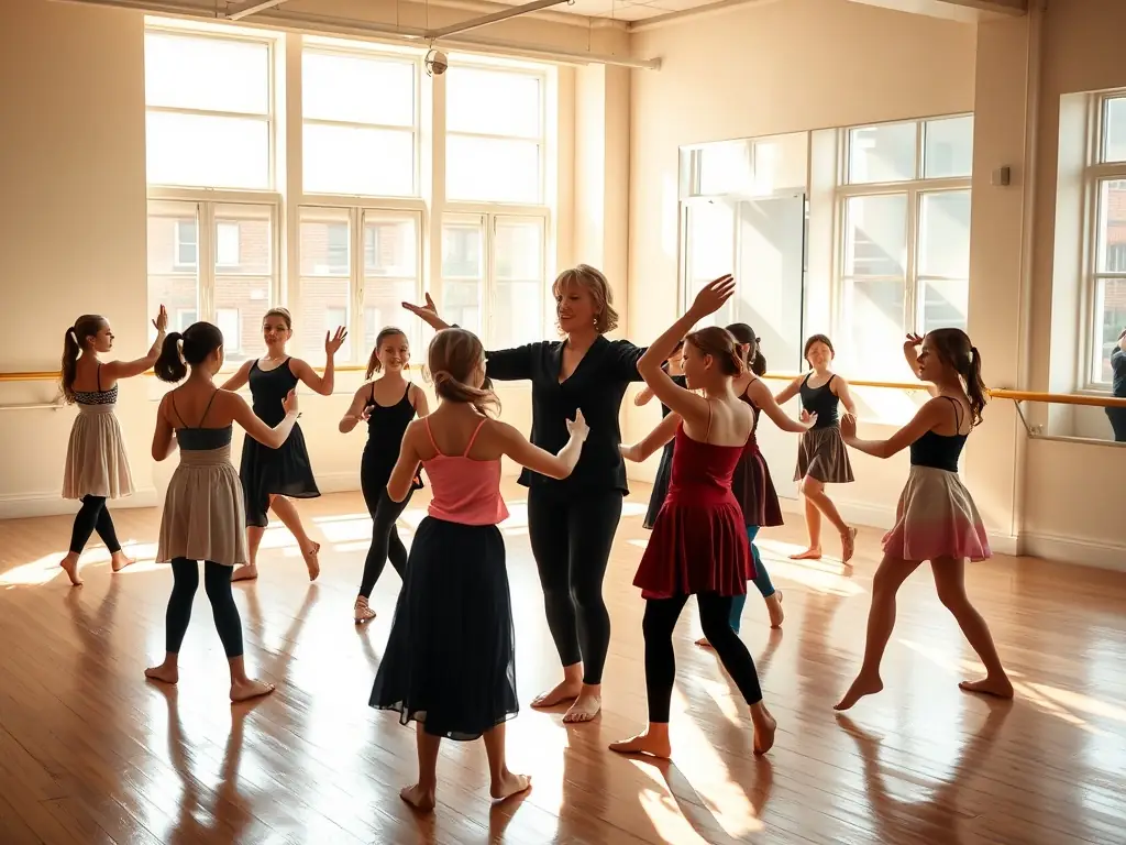 A group of young students participating in an afro-contemporary dance workshop, focused on rhythm and movement, with the instructor guiding them. The image is used to showcase the youth dance program.