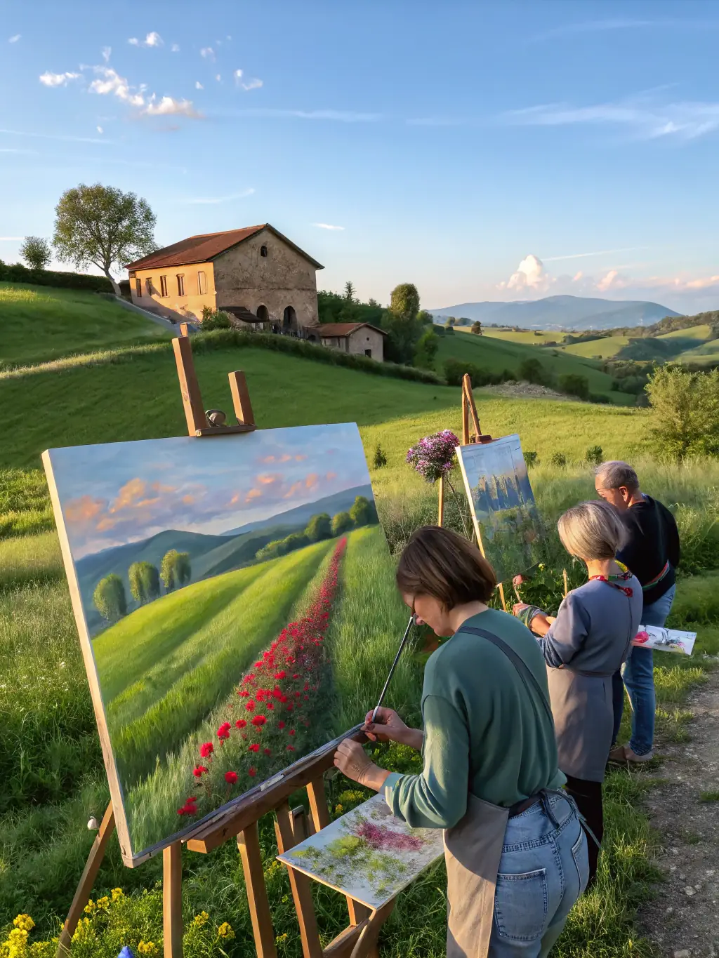 A landscape painting workshop taking place outdoors, with participants capturing the beauty of the Alpes Provence Verdon region on their canvases.