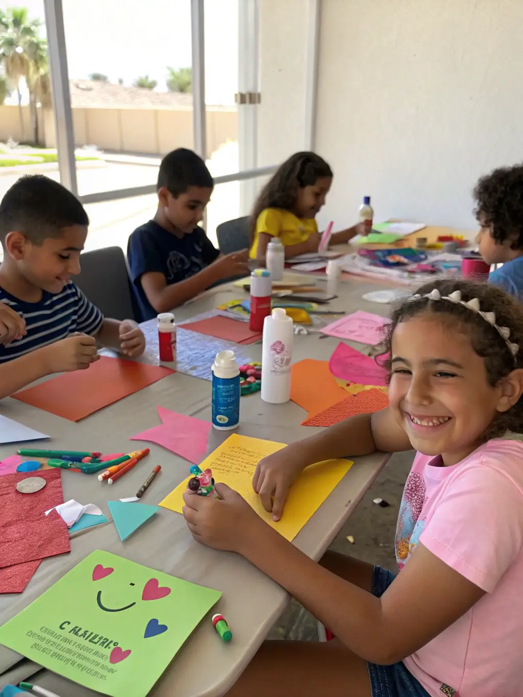 A vibrant photograph capturing children participating in a painting workshop organized by La Chouette in a rural village, showcasing their creativity and engagement.