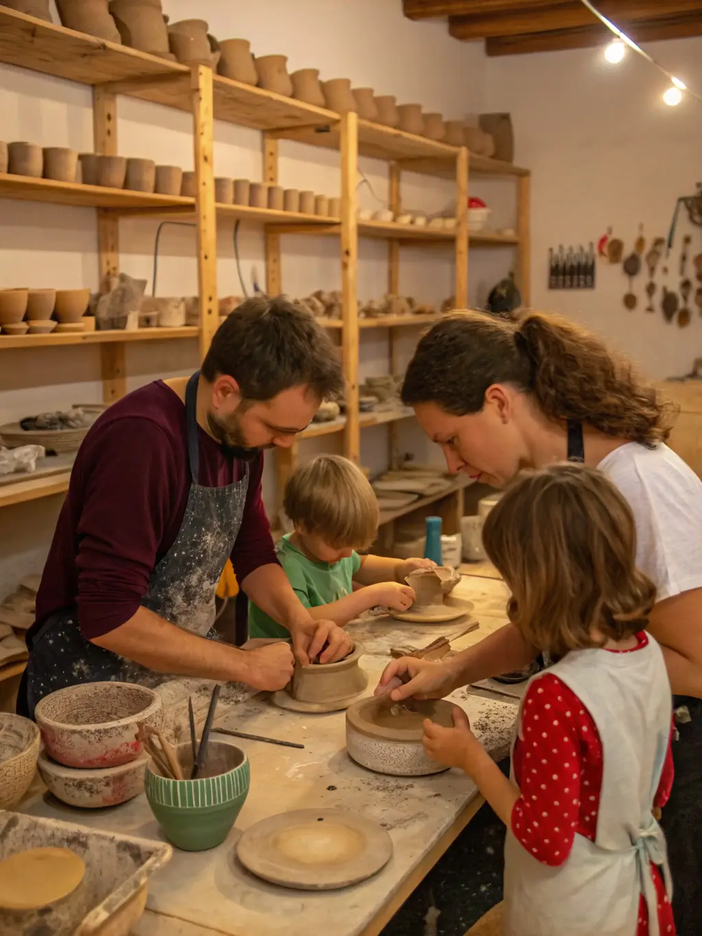 A group of children participating in a pottery workshop, their hands covered in clay, with a local artisan guiding them. The setting is a rustic studio filled with natural light.