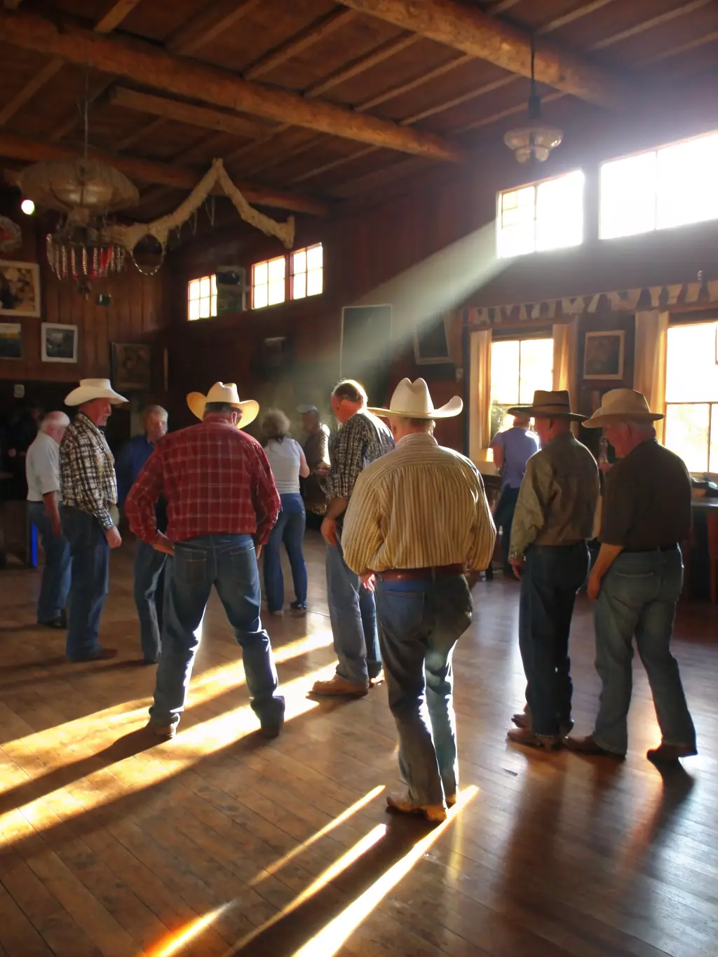 A diverse group of adults learning traditional Provençal dance steps in a community hall, accompanied by live music.